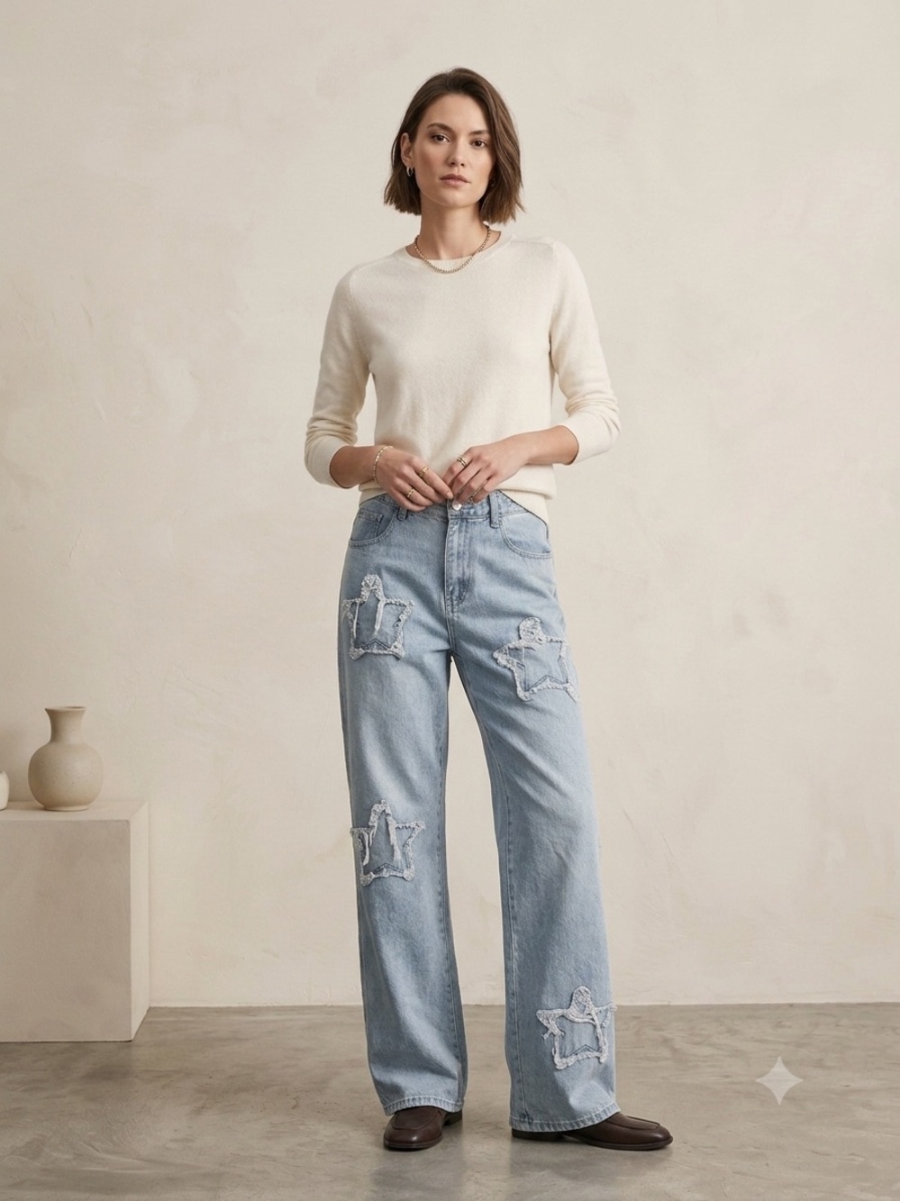 Light Blue Wide-Leg Star Patch Jeans